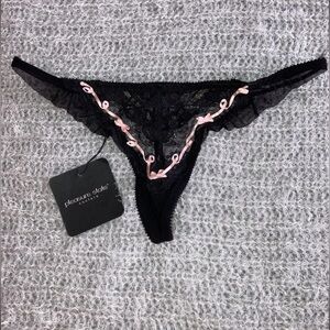 Pleasure State Black Lace Double String Pink Ribbon Bow Thong Panties S New